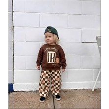 KR Kids Çocuk Kahverengi Milk & Cookies Baskılı Sweatshirt ve Ekose Desenli Pantolon 2’li Takım