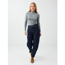 Jimmy Key Koyu Indigo Mavi %100 Pamuk Yüksek Bel Barrel Fit Denim Pantolon
