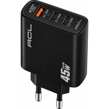 Acl AC-127 45W Gan Hızlı Şarj Adaptörü (88 Gr) - A+C Çift Portlu Type-C & Usb-A QC18W Ultra Hafif Duvar Şarj Aleti
