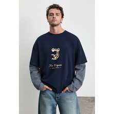 Grimelange Trıathlon Erkek Organik Pamuklu Çift Görünümlü Uzun Kollu Lacivert / Desenli T-Shirt