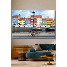 Şehzat Design Duvar Tablosu Yatay Kanvas Tekli Ofis Danimarka Kopenhag Kent Bisikletler Nyhavn