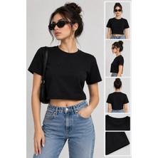 Bigümex Bisiklet Yaka Kısa Kollu Crop Tişört