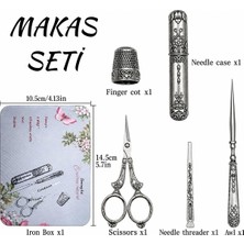 İğne İzi Antika Makas Kiti, Makas Seti Dikiş Nakış Seti Nakış Makası Metal Yüksük Iğne Geçirici Biz Kutulu Set