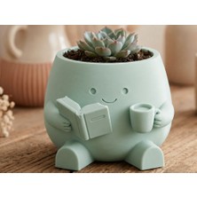 Bin1çeşit 3D Baskı Kitap Okuyan Saksı - Kupa Tutan Sevimli Saksı-Mint