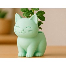 Bin1çeşit 3D Baskı Sevimli Kedi Saksı - Figürlü Sukulent Saksısı-Mint