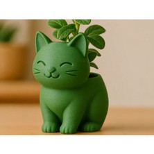 Bin1çeşit 3D Baskı Sevimli Kedi Saksı - Figürlü Sukulent Saksısı-Yeşil