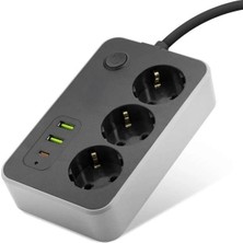 Bin1çeşit Anahtarlı Uzatma Kablosu 3 Priz 2 USB 1 Type-C 2 M Siyah