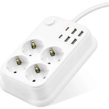 Bin1çeşit Anahtarlı Uzatma Kablosu 4 Priz 4 USB 2 Type-C 2 M Beyaz