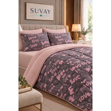 Suvay Çift Kişilik Welsoft Yorgan 2 Yastık Kılıfı Hediyeli, 195 x 215 cm Pudra Renkli Çift Taraflı  Love Pudra Yastık Kılıfı Hediyeli