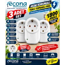 Econa 3 Adet ---3500W Akım Korumalı Tekli Topraklı Priz 3'lü Eko Set - 1800 Joule Yüksek Gerilim & Aşırı Akım Korumalı Paketi