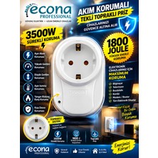 Econa 3500W Akım Korumalı Tekli Topraklı Priz - 1800 Joule Yüksek Gerilim & Aşırı Akım Korumalı Çocuk Emniyetli Akıllı Priz