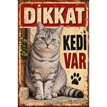 Lucena Dikkat Kedi Var Gümüş Renkli Kedi Retro Metal Duvar Tabelası 15X20 cm