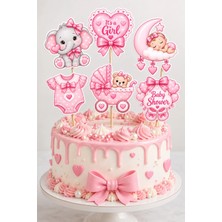 Greatoy Baby Shower Kız Bebek 6’lı Pasta Kürdanı Pembe Fil Kalpli Kurdeleli Bebek Temalı Pasta Süsü