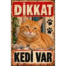 Lucena Dikkat Kedi Var Turuncu Tekir Kedi Retro Metal Duvar Tabelası 15X20 cm