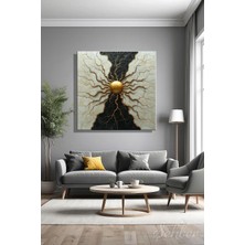 Şehzat Design Siyah Krem Tonlarda Mermer Fonda Altın Güneş Motifi Modern Soyut Kanvas Tablo Kare Tekli 3927