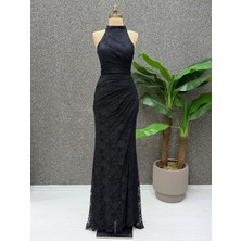 E&A Eren Abiye Stefani Yaka Dantel Detaylı Drape Elbise