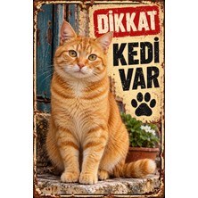 Lucena Dikkat Kedi Var Altın Renkli Kedi Retro Metal Duvar Tabelası 15X20 cm