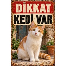 Lucena Dikkat Kedi Var Beyaz Sarman Kedi Retro Metal Duvar Tabelası 15X20 cm
