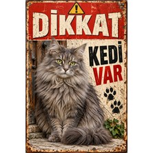 Lucena Dikkat Kedi Var Uzun Tüylü Gri Kedi Retro Metal Duvar Tabelası 15X20 cm