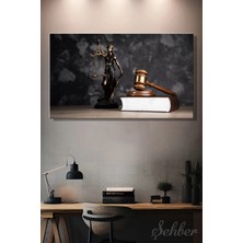 Şehzat Design Adalet Tanrıçası Themis Heykeli ve Ahşap Hakim Tokmağı Yatay Dekoratif Kanvas Tablo 3842
