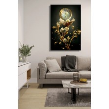 Şehzat Design Dikey Kanvas Tablo Tekli Salon Ofis Dijital Sanat Altın Detaylı Steampunk Tarzı Çiçekler 1749