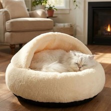 Premiumtech Yarı Açık Yuvarlak Peluş Uyku Yatağı, Kaymaz Tabanlı Pet Minderi, Kedi ve Köpek Yatağı, Yastık Yatak, Krem, 50 cm En, 25 cm Boy, 25 cm Yükseklik, Tr Menşei