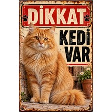 Lucena Dikkat Kedi Var Uzun Tüylü Sarman Kedi Retro Metal Duvar Dekoratif Uyarı Tabelası 15X20 cm