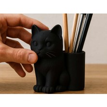 Bin1çeşit 3D Baskı Kedi Figürlü Kalemlik - Masaüstü Organizer - Siyah