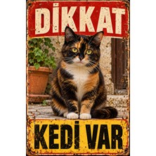 Lucena Dikkat Kedi Var Siyah Turuncu Kedi Retro Metal Duvar Tabelası 15X20 cm