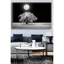 Şehzat Design Tekli Yatay Dekoratif Kanvas Tablo Salon Yatak Odası Kafe Ofis Siyah Beyaz Dolunay ve Ağaç