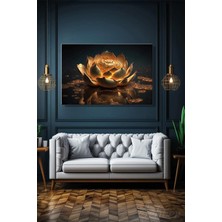 Şehzat Design Modern Gold 3D Efekt Lotus Çiçeği Duvar Tablosu Yatay Kanvas Tekli Salon Mutfak Yatak Odası Ofis