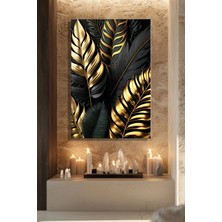 Şehzat Design Dikey Kanvas Duvar Tablosu Tekli Salon Mutfak Yatak Odası Ofis Gold Efekt Palmiye Yaprakları