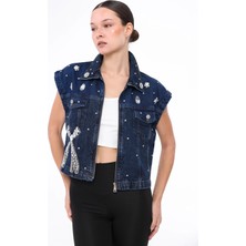 İnci Türkay Kadın Tasarım Denim Yelek Taş Zincir Işleme Detaylı Mavi Slim Kalıp Yelek