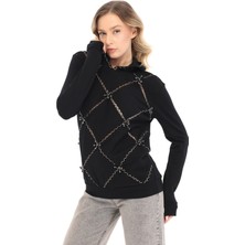 İnci Türkay Kadın Tasarım Sweatshirt Boncuk Işleme Detaylı Siyah Kapşonlu Iki Iplik Siyah Sweatshirt