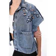 İnci Türkay Kadın Tasarım Denim Yelek Taş Boncuk Payet Işleme Detaylı Mavi Oversize Kalıp Bomber Yelek