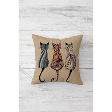 Pelangi Kedi Desenli Çift Tarafı Baskılı Gizli Fermuarlı Yastık Kılıfı Kırlent Koltuk Yastık Kılıfı, Bej-Turuncu 45 x 45, 24691143945451
