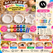 **arnur Company 3’lü Dekoratif Tabak Boyama Seti | Art Craft Kit | Kendin Tasarla Kendin Boya | 12 Renk Akrilik Boya + 2 Fırça**