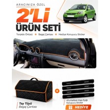 E-BİZ E-Biz Ford Fiesta Tip 2 (2003-2010) Uyumlu Torpido Örtüsü + Tay Tüyü Bagaj Çantası + Sticker Seti - Siyah Kahverengi