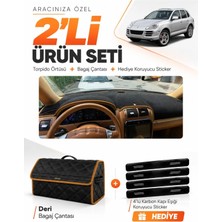 E-BİZ E-Biz Porsche Cayenne (2002-2010) Uyumlu Torpido Örtüsü + Deri Bagaj Çantası + Sticker Seti - Siyah Kahverengi
