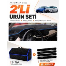 E-BİZ E-Biz Skoda Scala (2020-2026) Uyumlu Torpido Örtüsü + Tay Tüyü Bagaj Çantası + Sticker Seti - Siyah Mavi