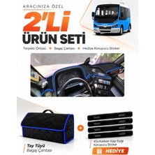 E-BİZ E-Biz Karsan Jest (2013-2020) Uyumlu Torpido Örtüsü + Tay Tüyü Bagaj Çantası + Sticker Seti - Siyah Mavi