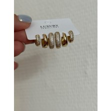 The Mat Design Gold Renk 6'lı Çoklu Halka Küpe Seti Zirkon Taşlı ve Düz Bombeli Küpe Kombini