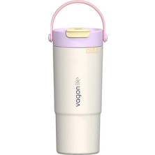 Fimer 660ML Çift Renkli Tumbler Pipetli/pipetsiz Kullanım Kulplu Paslanmaz Çelik Termos (Krem)