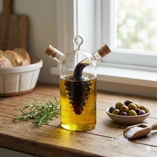 Fimer 2'si 1 Arada Cam Yağlık ve Sirkelik - Iç Içe Geçmeli Çift Hazneli Dekoratif Sosluk - Mantar Kapaklı Zeytinyağı ve Sirke Şişesi (240ML + 60ML)