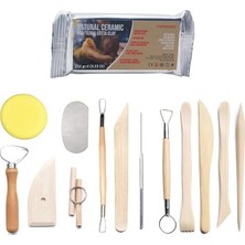 Fimer ile Kuruyan Doğal Seramik Kil + Ebeşuar (Şekillendirme) Seti | Pişmeyen Heykel Hobi Çömlek 13 Parçalı Seramik Aleti Seti Çocuk Yetişkin El Sanatı Model Yapımı 250 gr Natural Terracotta Kil ile