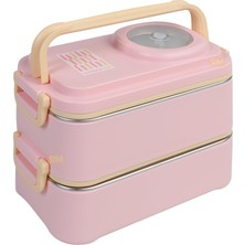 Fimer 1200ML Lunchbox 2 Katlı 4 Bölmeli Mini Kaseli Çelik Sefer Tası Yemek Kutusu (Açık Pembe-Sarı)
