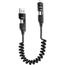 Fimer 1 Arada Çok Fonksiyonlu Spiral USB Şarj Kablosu, 65W Hızlı Şarj, Type-C ve Lightning Uyumlu, Araç Kullanımı Için
