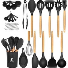 Mikla Isıya Dayanıklı Yanmaz Yapışmaz 33 Parça Silikon Spatula Mutfak Seti Siyah