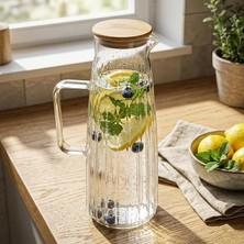 Fimer Bambu Kapaklı Borosilikat Cam Yağdanlık ve Sürahi, Çok Amaçlı Içecek ve Sıvı Gıda Saklama 1000ML (11X26CM)