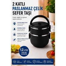 Fimer Haus 2 Katlı 1.2 Litre Paslanmaz Çelik Sefer Tası Sızdırmaz Kapaklı Yemek Taşıma Kabı Bento Lunch Box 304, Siyah
